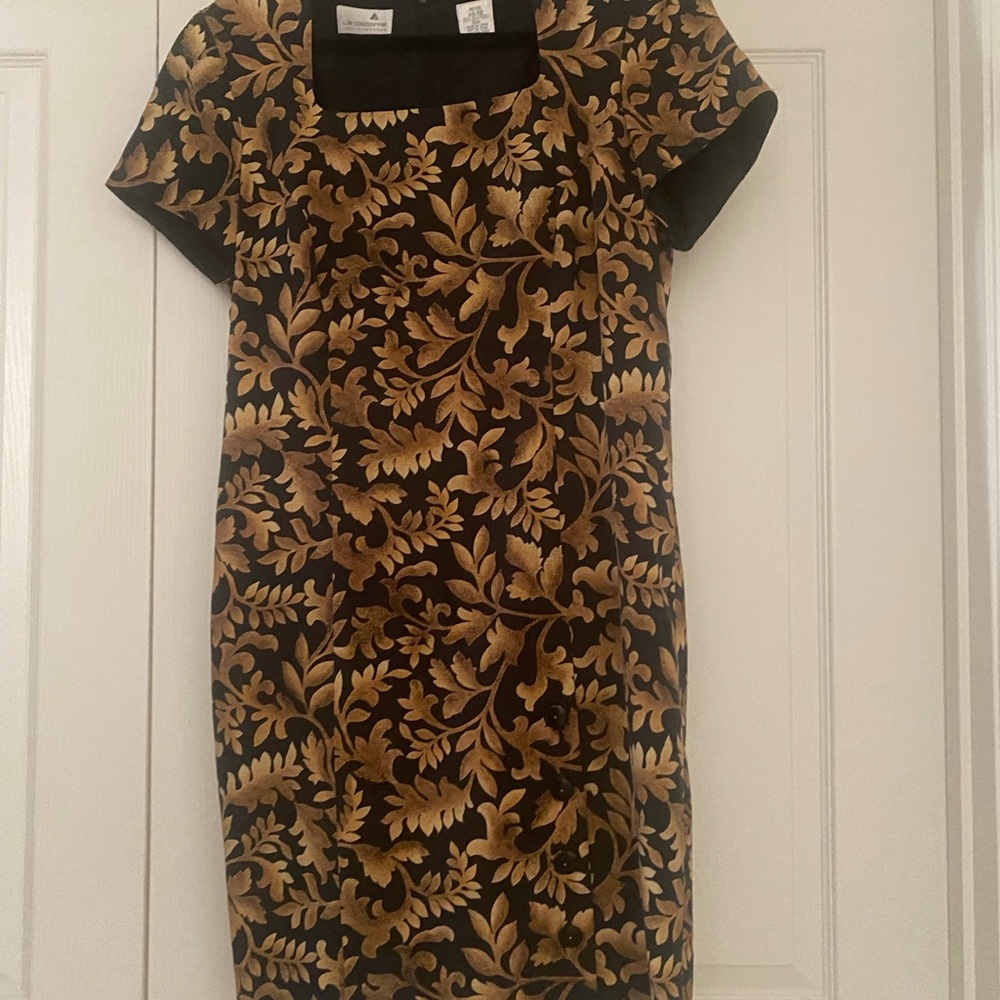 Liz Claiborne 100%SILK dress with Classic gold Acanthus leaf designs on black